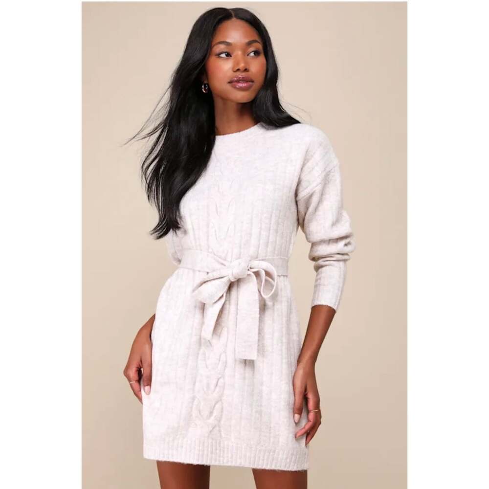 Lulus Wishing on Winter Cable Knit Sweater Dress Medium Cream Belted Wool Blend
